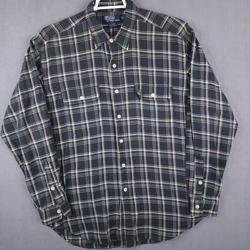 Polo Ralph Lauren GI Shirt Mens XL Blue Plaid Button Up Vintage‎ Workwear Grunge